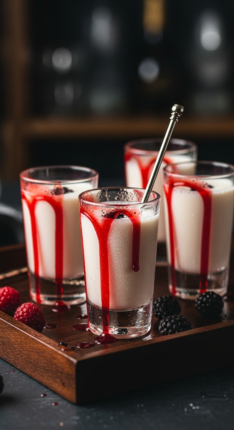 Bloody Good Vanilla Milkshake Shots With Red Raspberry 'Blood' Drips, Dark Berries On A Gothic Bar Tray.