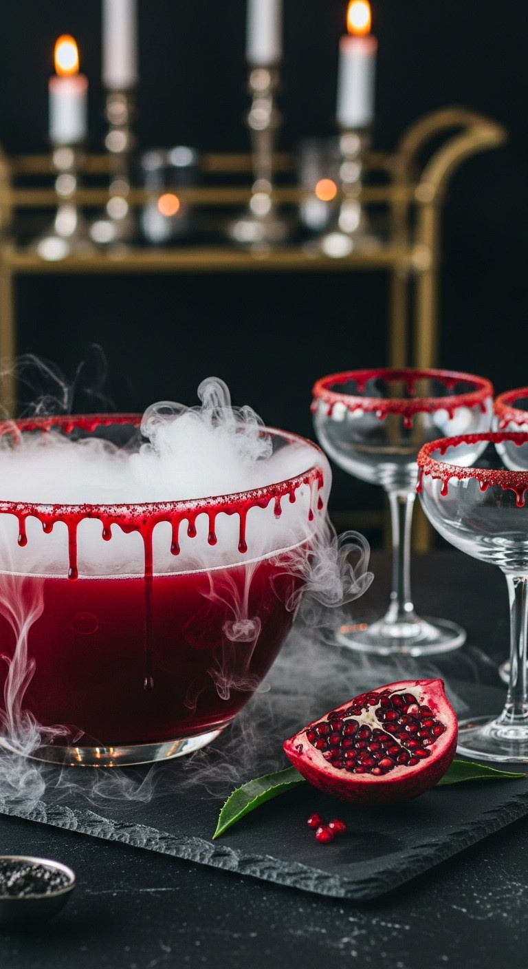 Bloody Pomegranate Cosmopolitan Punch With Dry Ice Fog And Agave Blood Rim In A Sleek Glass Punch Bowl