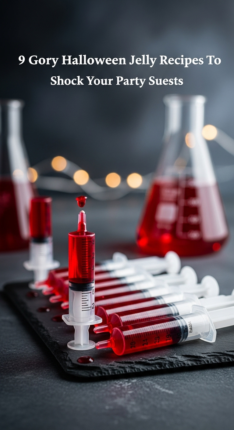 Bloody Syringe Jello Shots With Cherry Jello On A Slate Tray With A Science Beaker Perfect For Mad Scientist Halloween Recipes