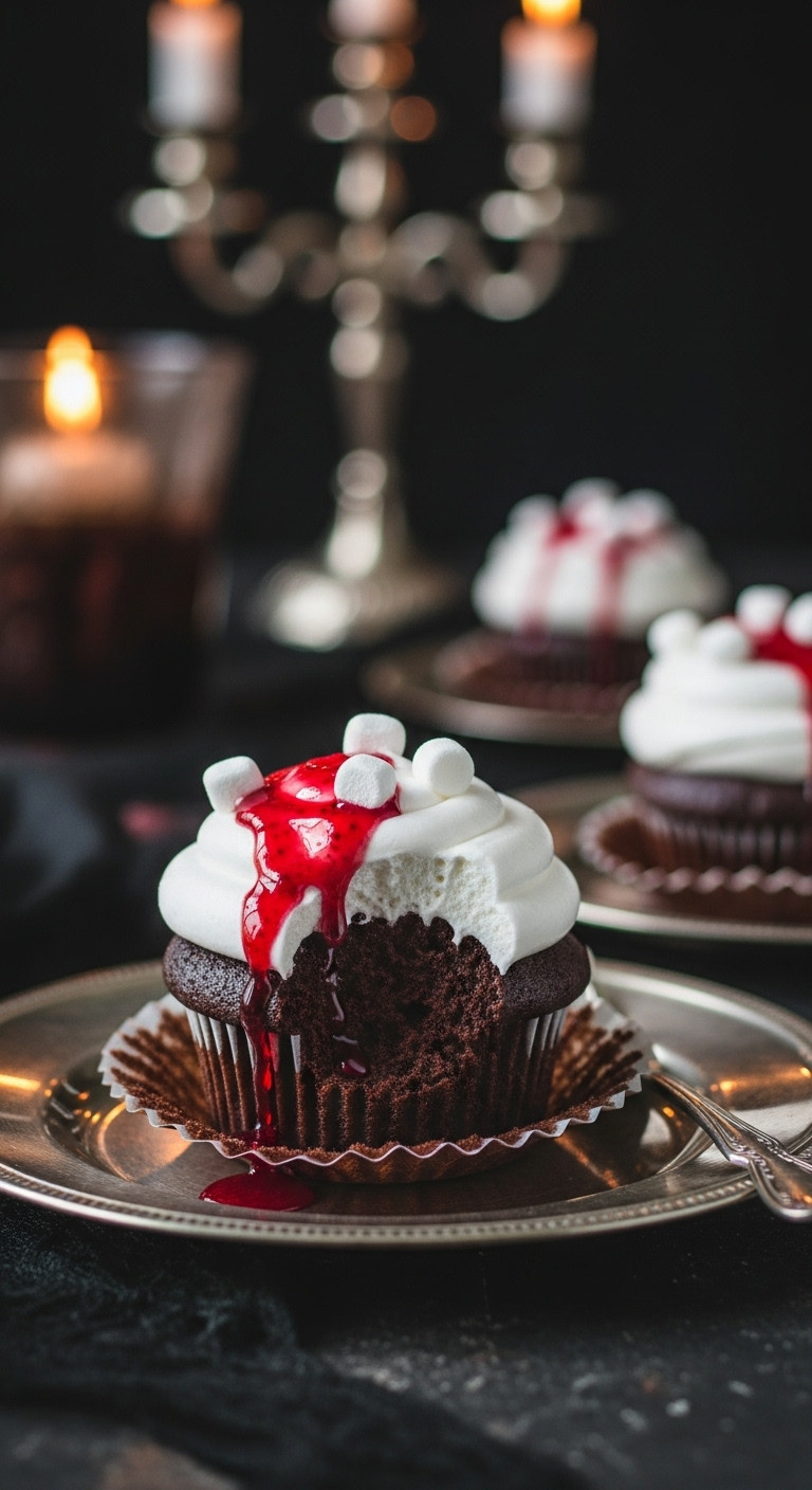 Bloody Vampire Cupcake With White Frosting And Raspberry Coulis On Vintage Silver Plate