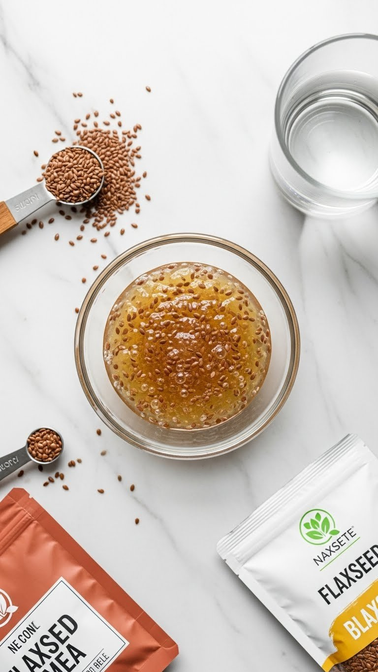 Bloomed Flax Egg Mixture In A Small Glass Bowl, Showing Gel-Like Consistency, With Ground Flaxseeds On Marble Countertop. Vegan Egg Substitute.