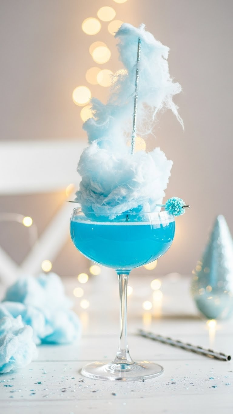 Blue Cotton Candy Cloud Cocktail With Fluffy White Topping Dissolving Into Sparkling Blue Drink In Stemmed Glass.