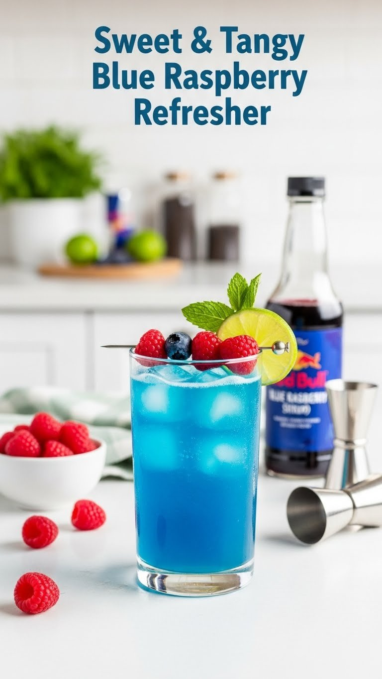Blue Raspberry Red Bull Refresher With Berry Skewer In Tall Glass On Clean White Kitchen Surface
