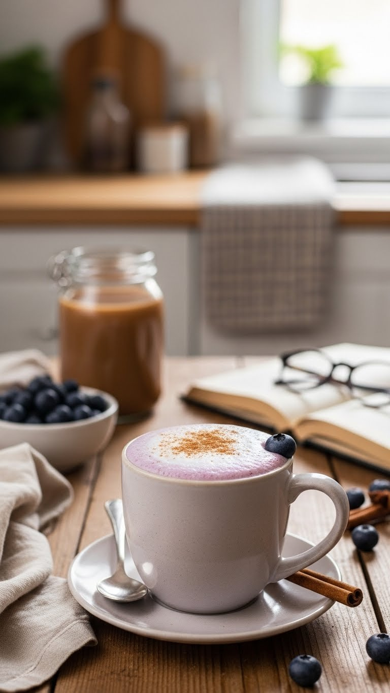 Blueberry Muffin Coffee In Ceramic Mug With Cinnamon Dusting And Fresh Blueberries On Rustic Wooden Table