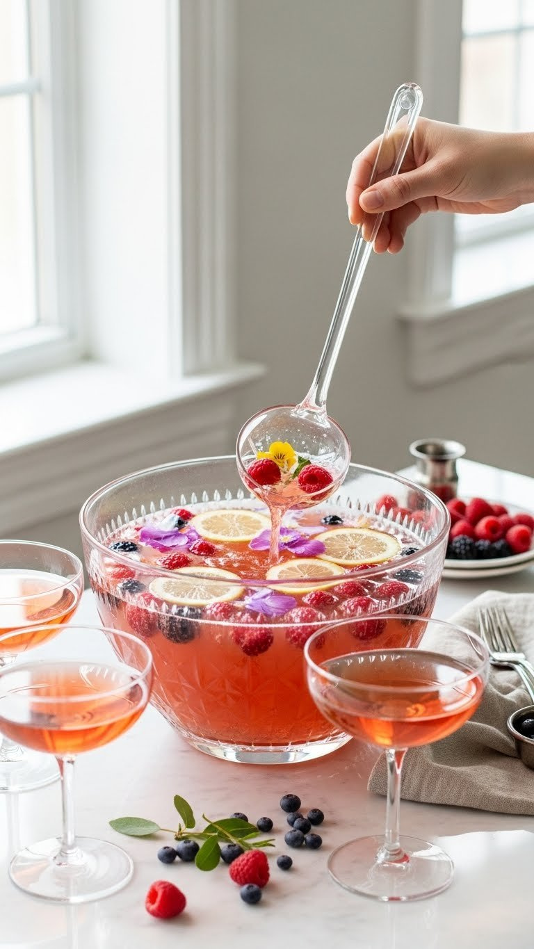 Blush Pink Sparkling Rosé Punch In Glass Bowl With Floating Raspberries And Edible Flowers On Marble Countertop