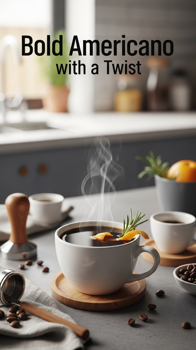 Bold Americano With Twist In Ceramic Mug Showing Rich Coffee Crema With Orange Peel Or Rosemary Garnish On Simple Coaster.