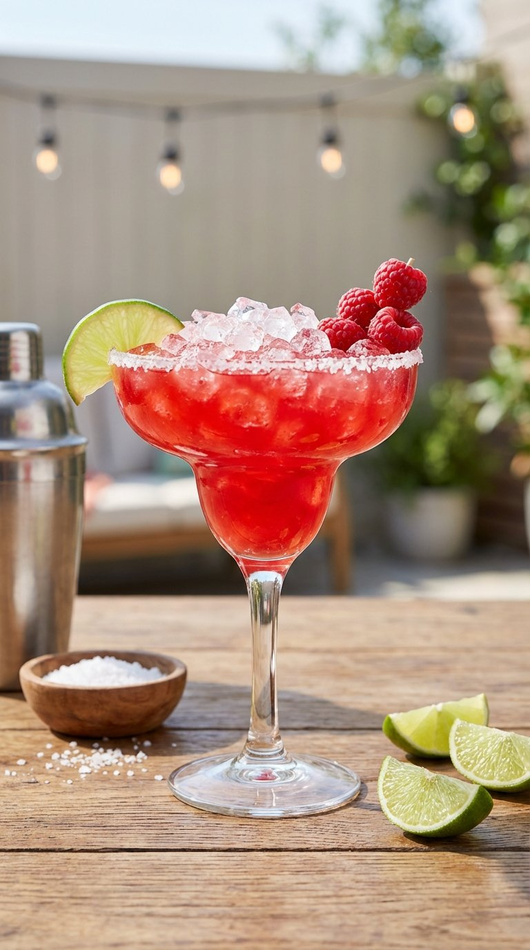 Bold Bright Red Big Red Margarita In Salt-Rimmed Glass With Lime Wedge And Fresh Raspberries On Rustic Wooden Table
