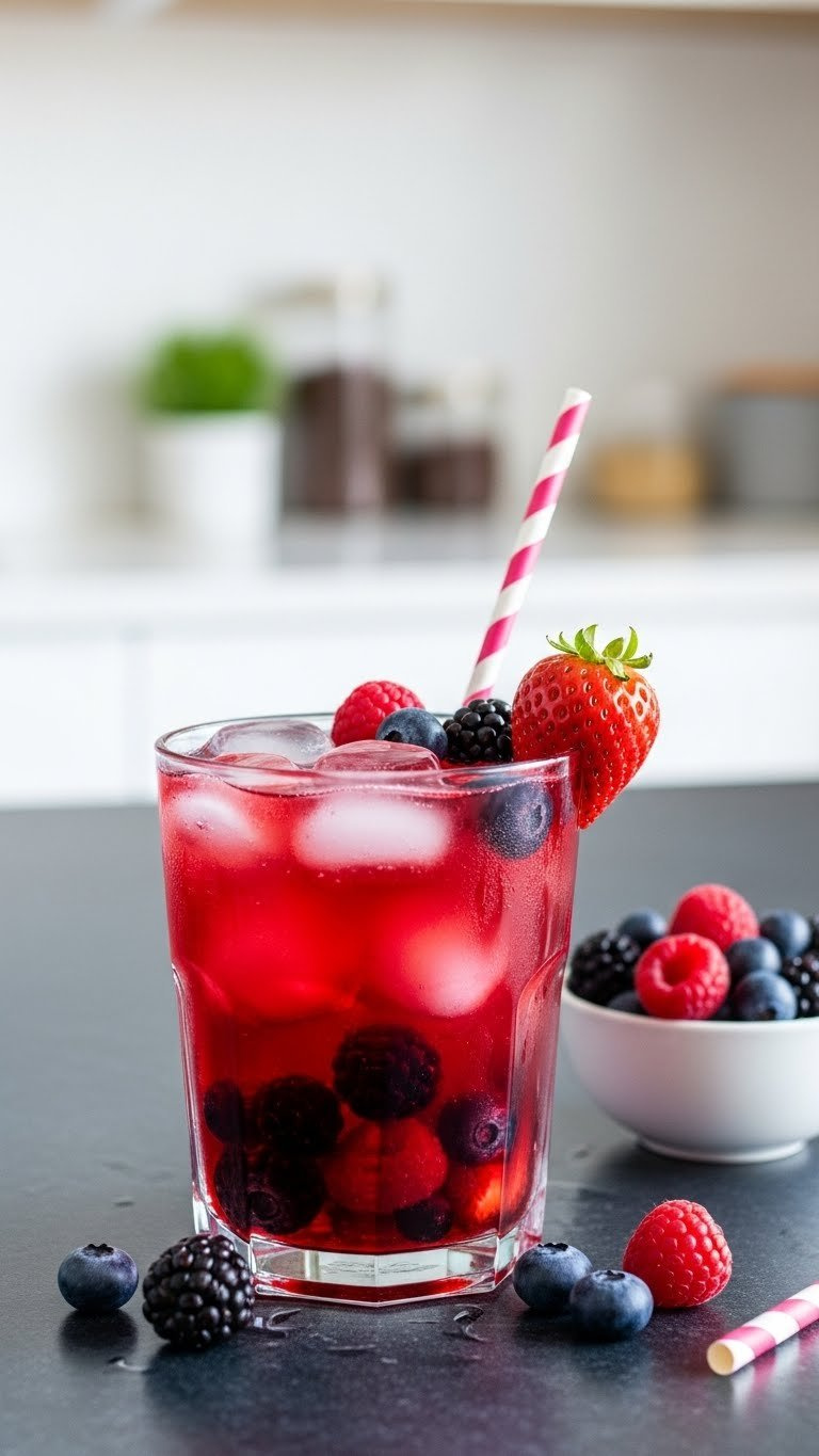 Bold Red Lotus Energy Drink Brimming With Mixed Berries In Modern Glass On Sleek Countertop