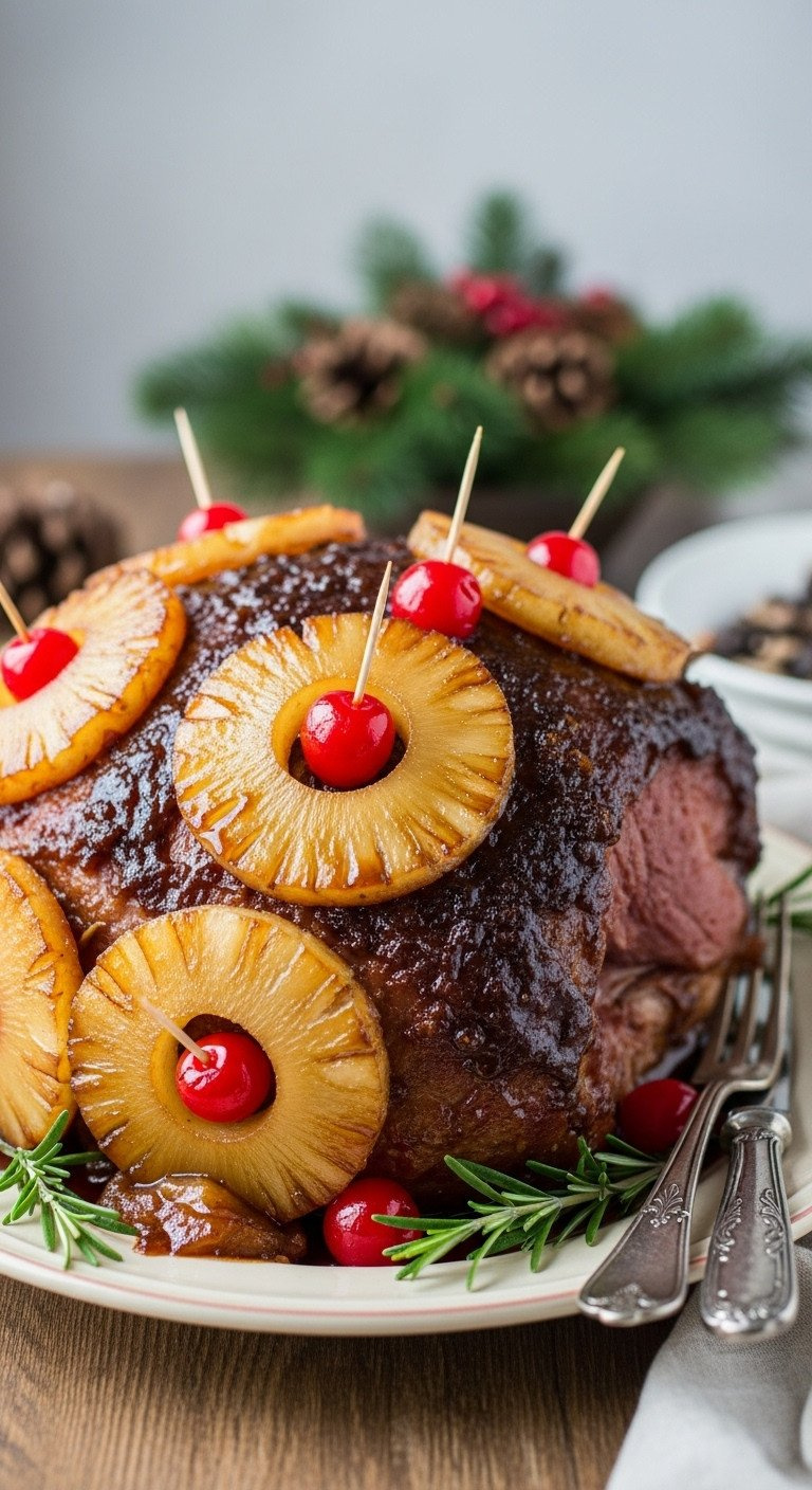Bone-In Brown Sugar Ham With Pineapple And Maraschino Cherries, Sticky Caramelized Glaze, On A Vintage Plate With Rosemary.