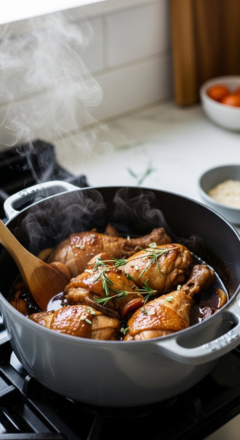 Bone-In Chicken Pieces Simmering In Glossy Soy Sauce Inside A Heavy Dutch Oven On A Stovetop.