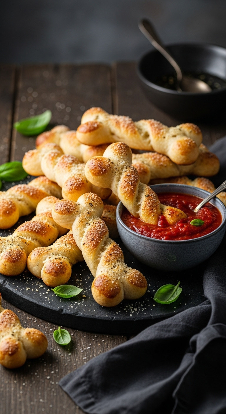 Bone-Shaped Breadsticks With Garlic Parmesan, Arranged Around Rich Marinara Sauce, On A Dark Stone Board, Halloween Appetizer.