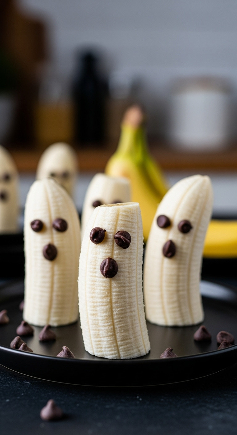 Boo-Nana Ghost Bananas With Mini Chocolate Chip Faces On A Black Ceramic Plate For Fun And Healthy Halloween Treats