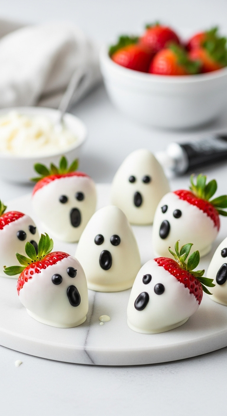 Boo Tiful Chocolate Covered Strawberry Ghosts With Black Icing Eyes And Mouth On A Chilled Marble Slab