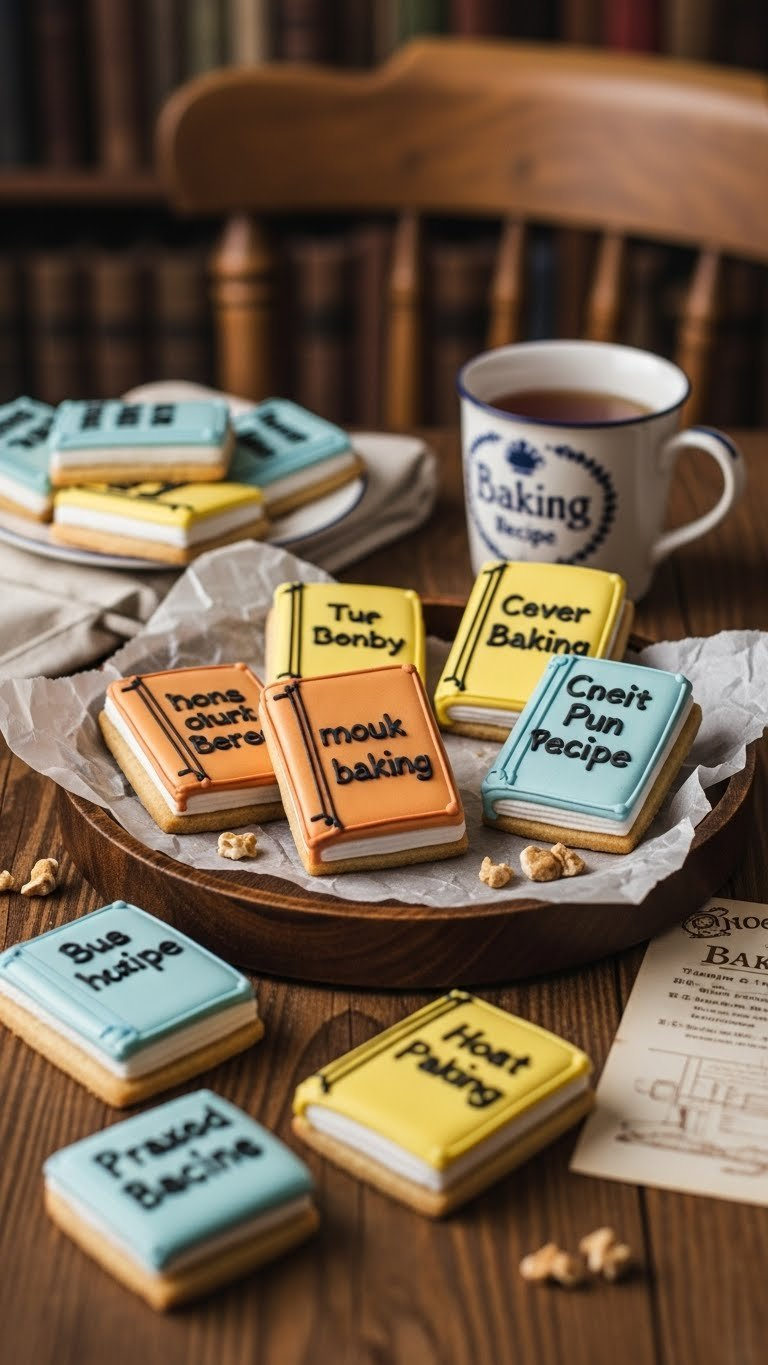 Book-Shaped Shortbread Cookies With Baking Pun Decorations Arranged On Vintage Wooden Tray In Cozy Study