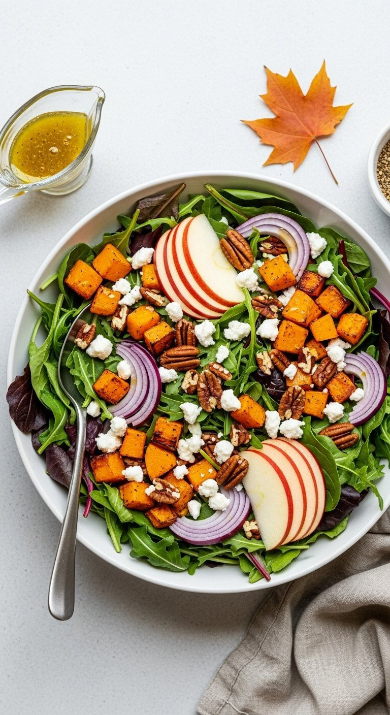Bountiful Autumn Salad: Leafy Greens, Caramelized Butternut Squash, Crisp Red Apple, Pecans, Goat Cheese In White Bowl.