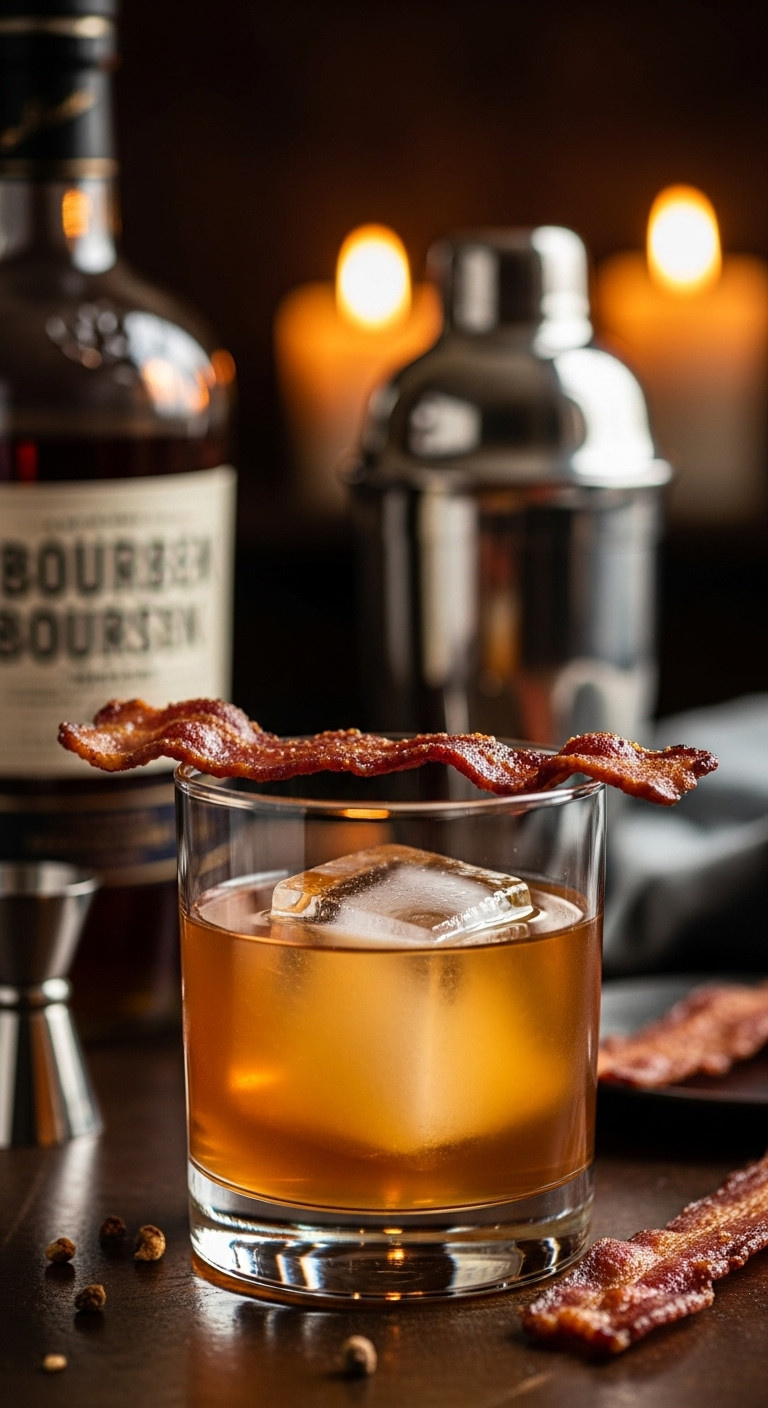 Bourbon And Bacon Pumpkin Spice Cocktail With A Candied Bacon Garnish In A Lowball Glass