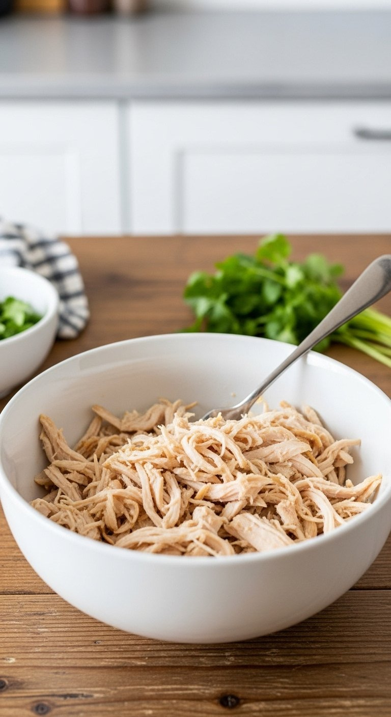 Bowl Filled With Tender Shredded Cooked Chicken Resting On A Wooden Table.
