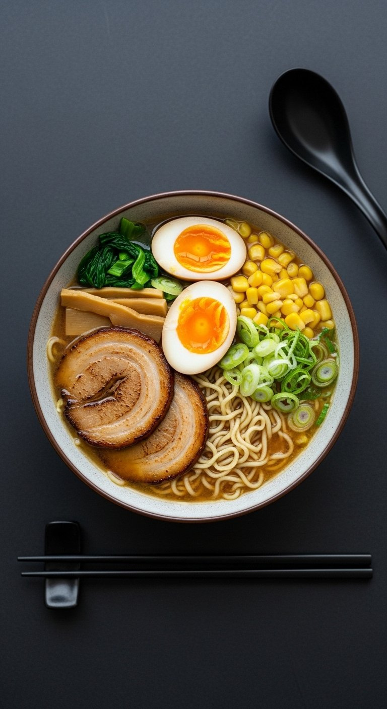 Bowl Of Japanese Miso Ramen With Chashu Pork Soft-Boiled Egg Corn And Scallions In A Rich Broth.