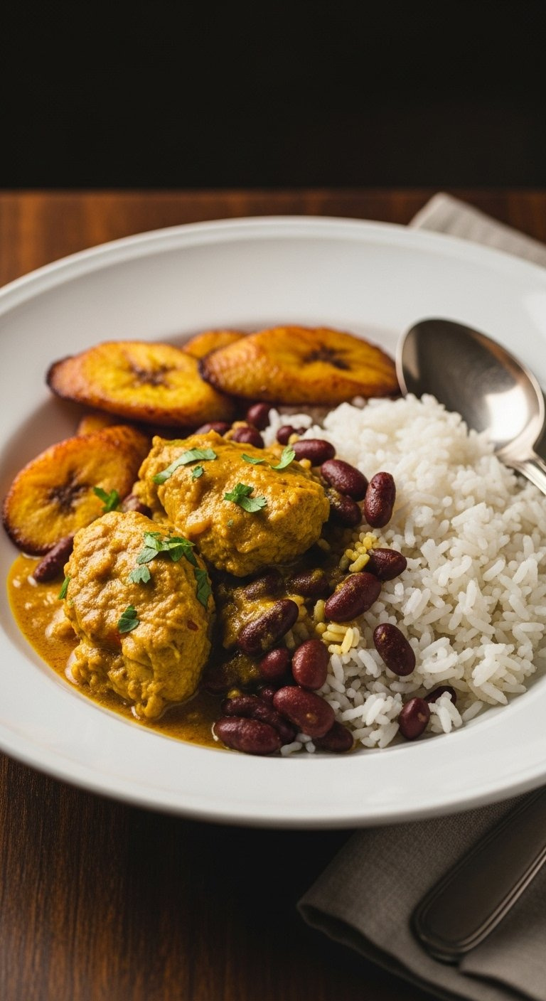 Bowl Of Authentic Jamaican Curry Chicken Served Over Rice And Peas With Fried Plantains On The Side.