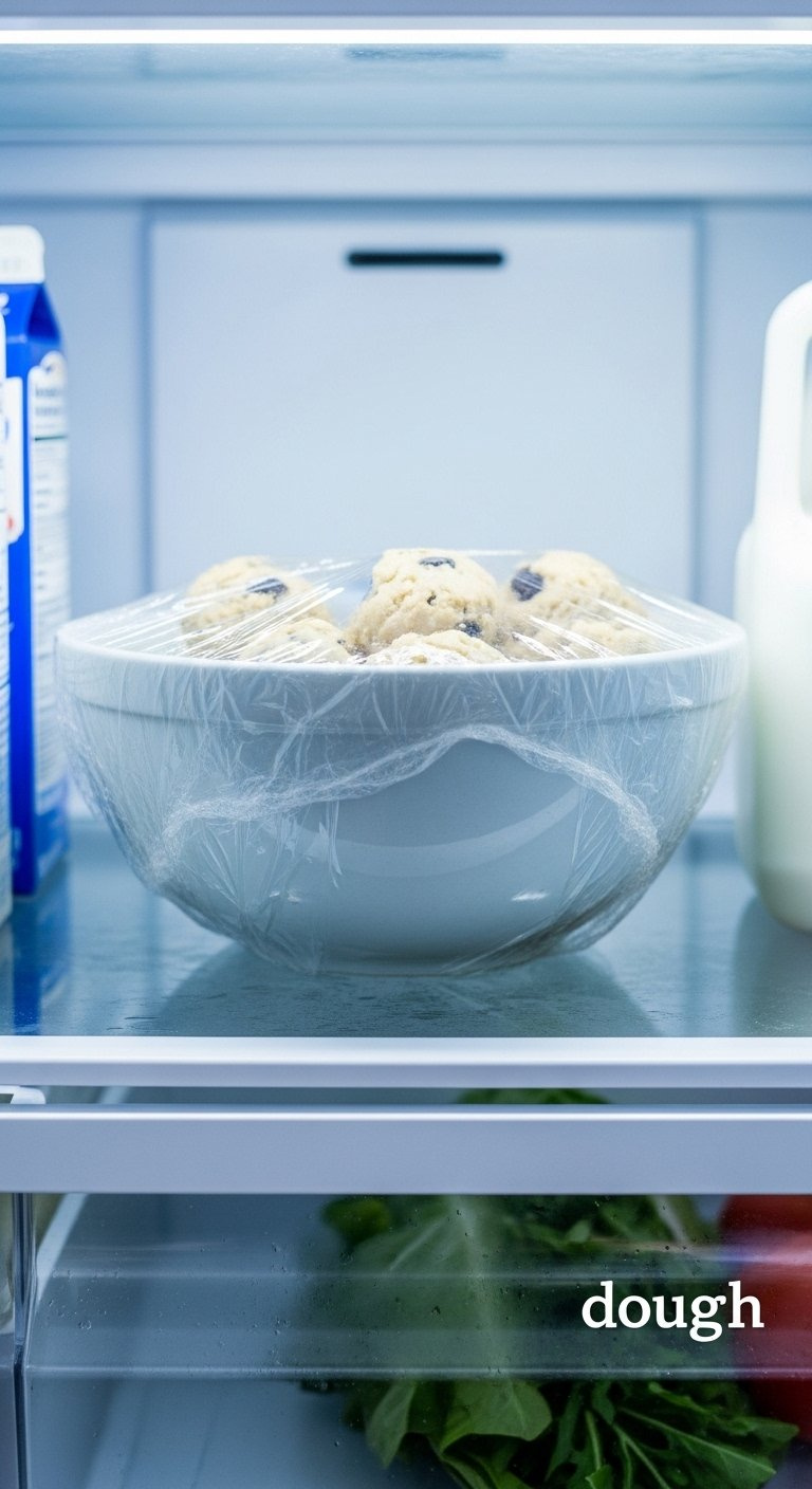Bowl Of Cookie Dough Covered In Plastic Wrap Resting On A Glass Shelf Inside A Refrigerator With Cool Condensation Details.