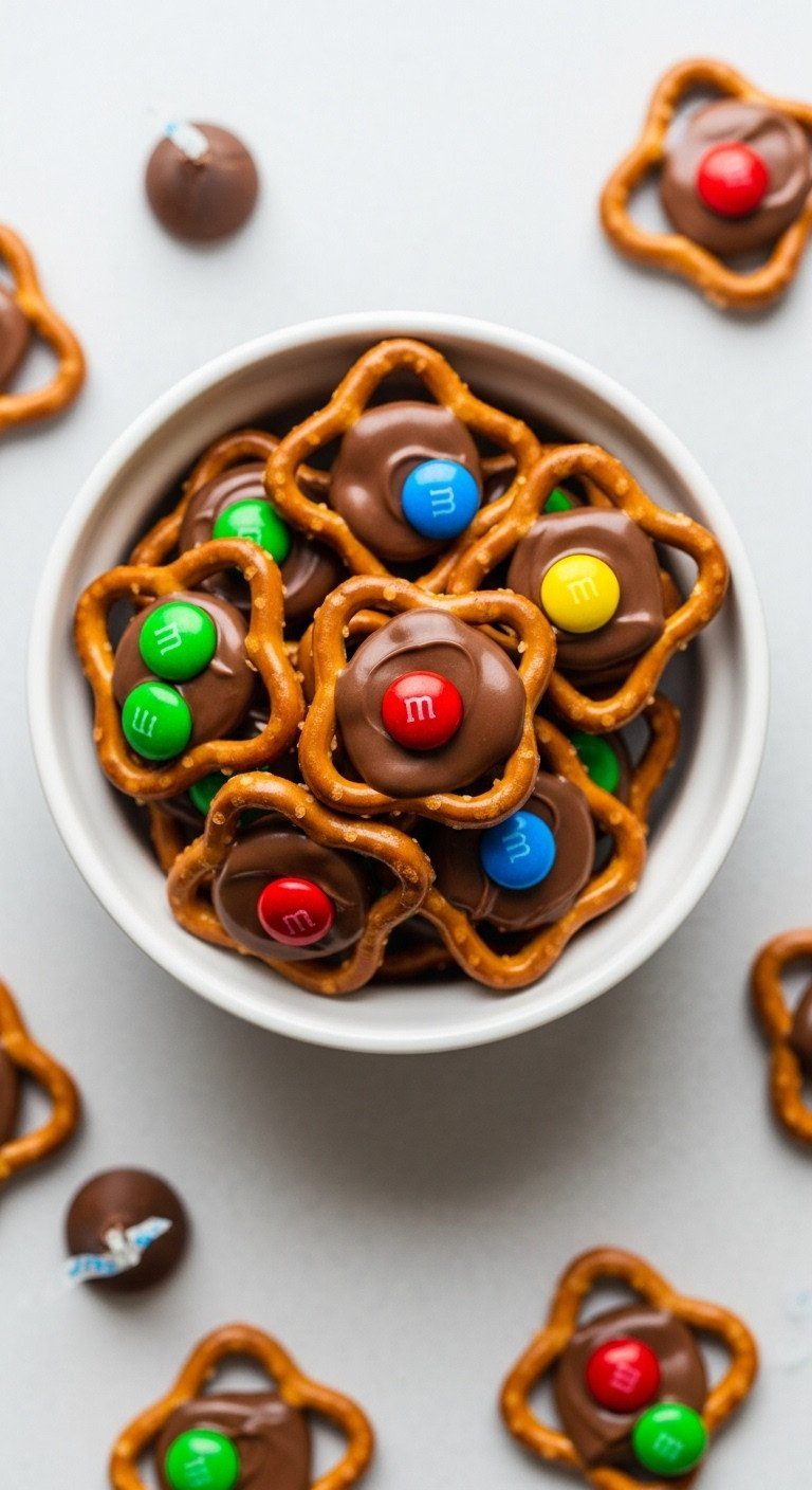 Bowl Of Festive Pretzel Hugs With Melted Chocolate And Red/Green M&Amp;Ms On A Light Gray Countertop. Easy Holiday Treats.