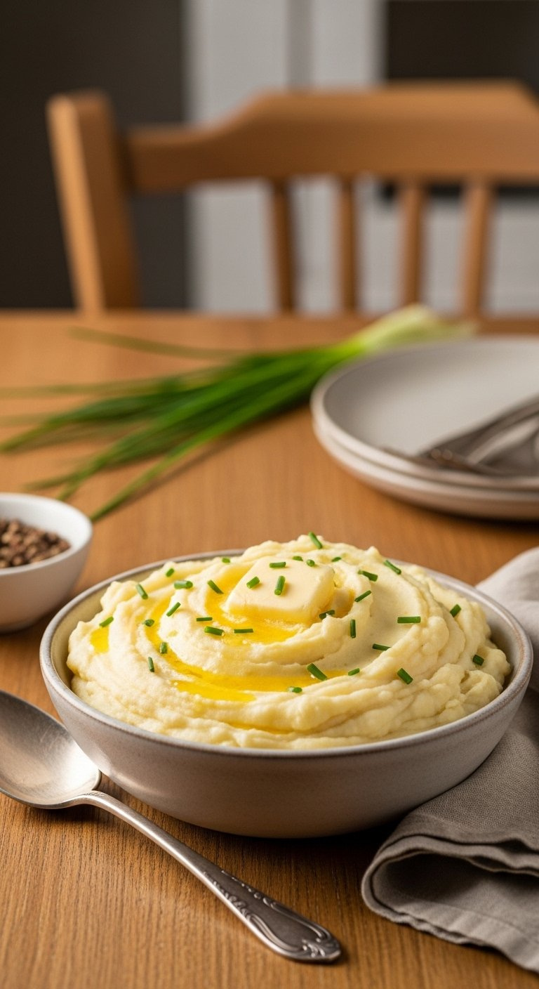 Bowl Of Fluffy Creamy Mashed Potatoes Topped With Melted Butter And Fresh Chives On A Wooden Table.