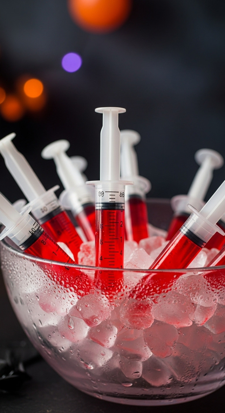 Bowl Of Ice Filled With Vibrant Red Jello Shot Syringes Creating A Bloody Effect Perfect For Spooky Halloween Party Recipes