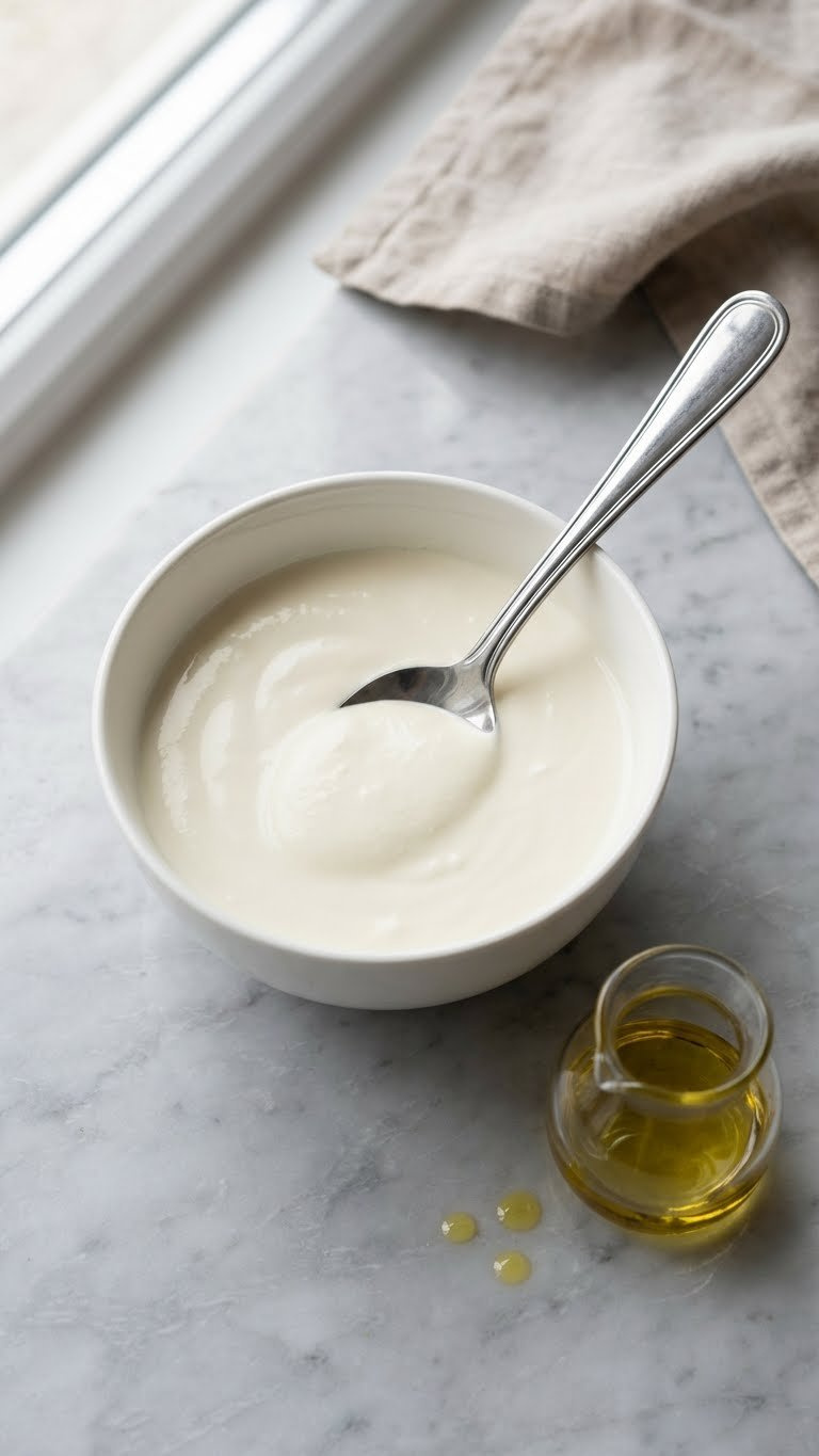 Bowl Of Light Sour Cream With A Spoon Scooping, On Marble Counter, With Oil Drops, Under Bright Airy Daylight.