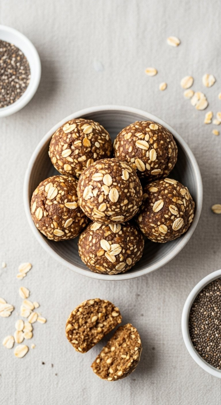 Bowl Of No-Bake Banana Bread Energy Bites Featuring Oats And Seeds On Linen Fabric.