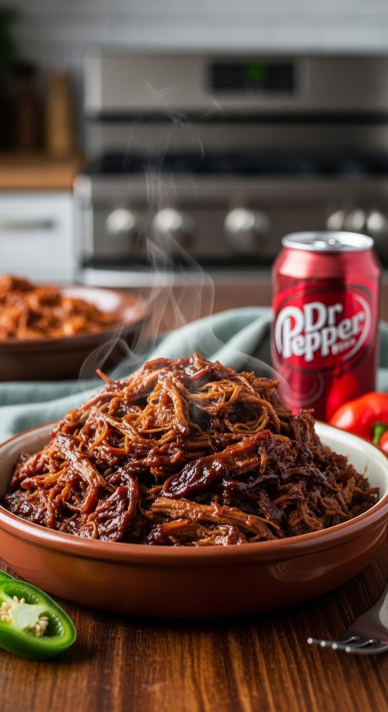 Bowl Of Rich Dr Pepper Pulled Pork Featuring Dark Glossy Sauce And Savory Shredded Meat In Rustic Ceramic Bowl.