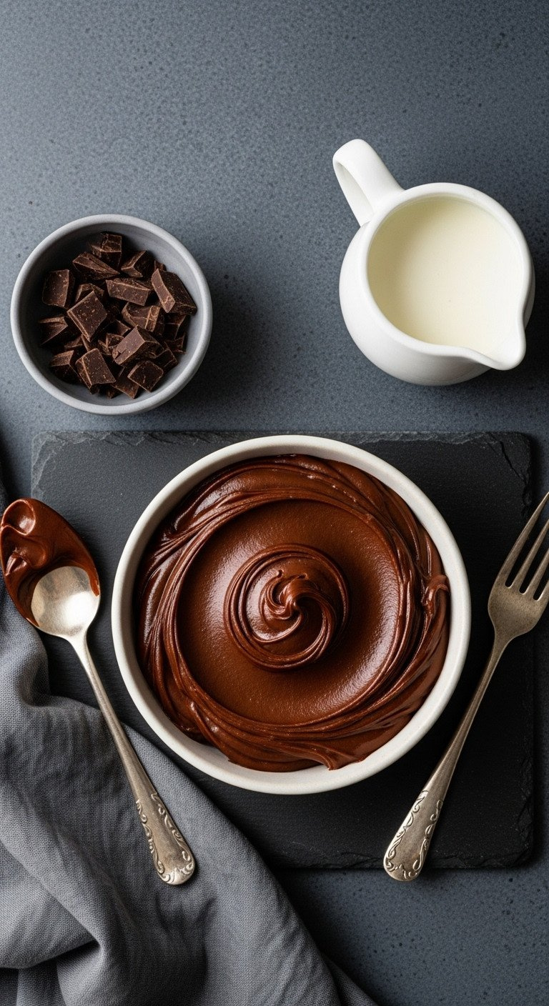 Bowl Of Rich, Glossy Chocolate Ganache With A Silky Texture On Dark Slate, With Chopped Chocolate, Cream Nearby.