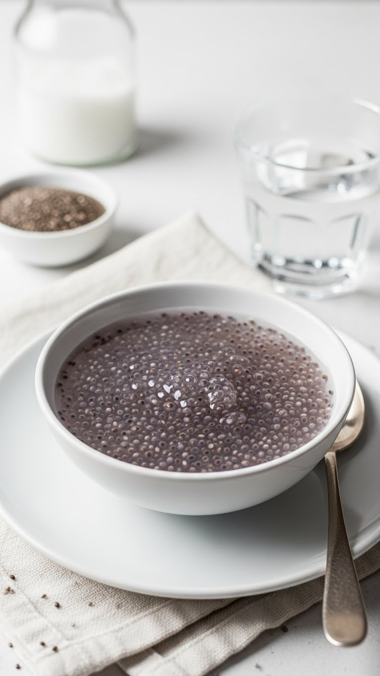 Bowl Of Thick, Gel-Like Chia Egg Mixture With Dry Chia Seeds And Water On A White Plate. Vegan Baking Binder, Healthy Texture.