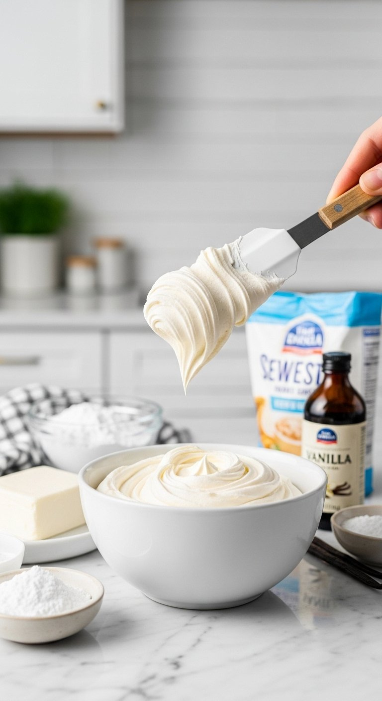 Bowl Of Thick White Cream Cheese Frosting With A Spatula Lifting The Rich Mixture On A Marble Countertop.