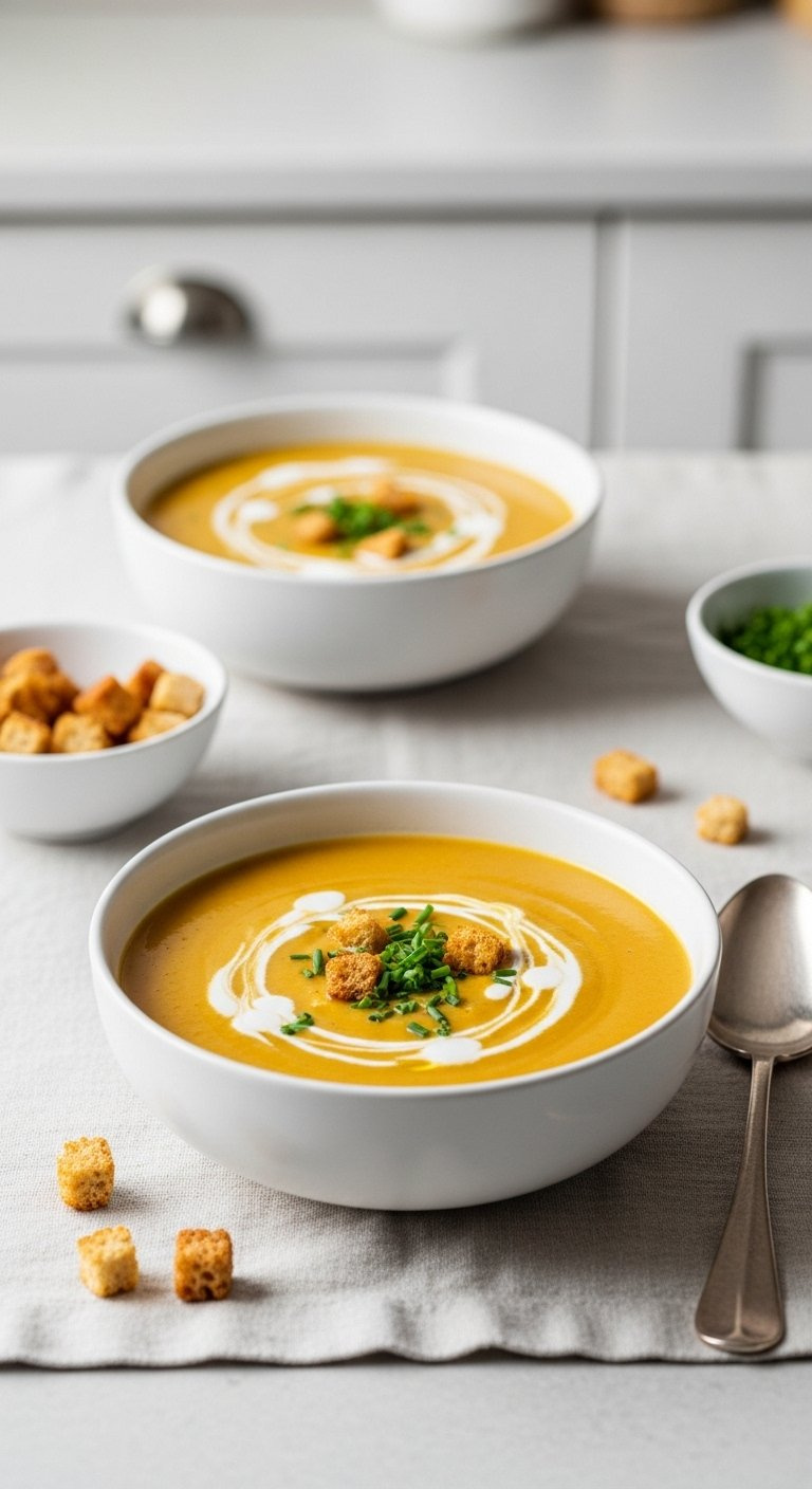 Bowl Of Velvety Creamy Vegetable Soup Garnished With Cream Swirl, Chives, And Croutons On A Light Linen Tablecloth.