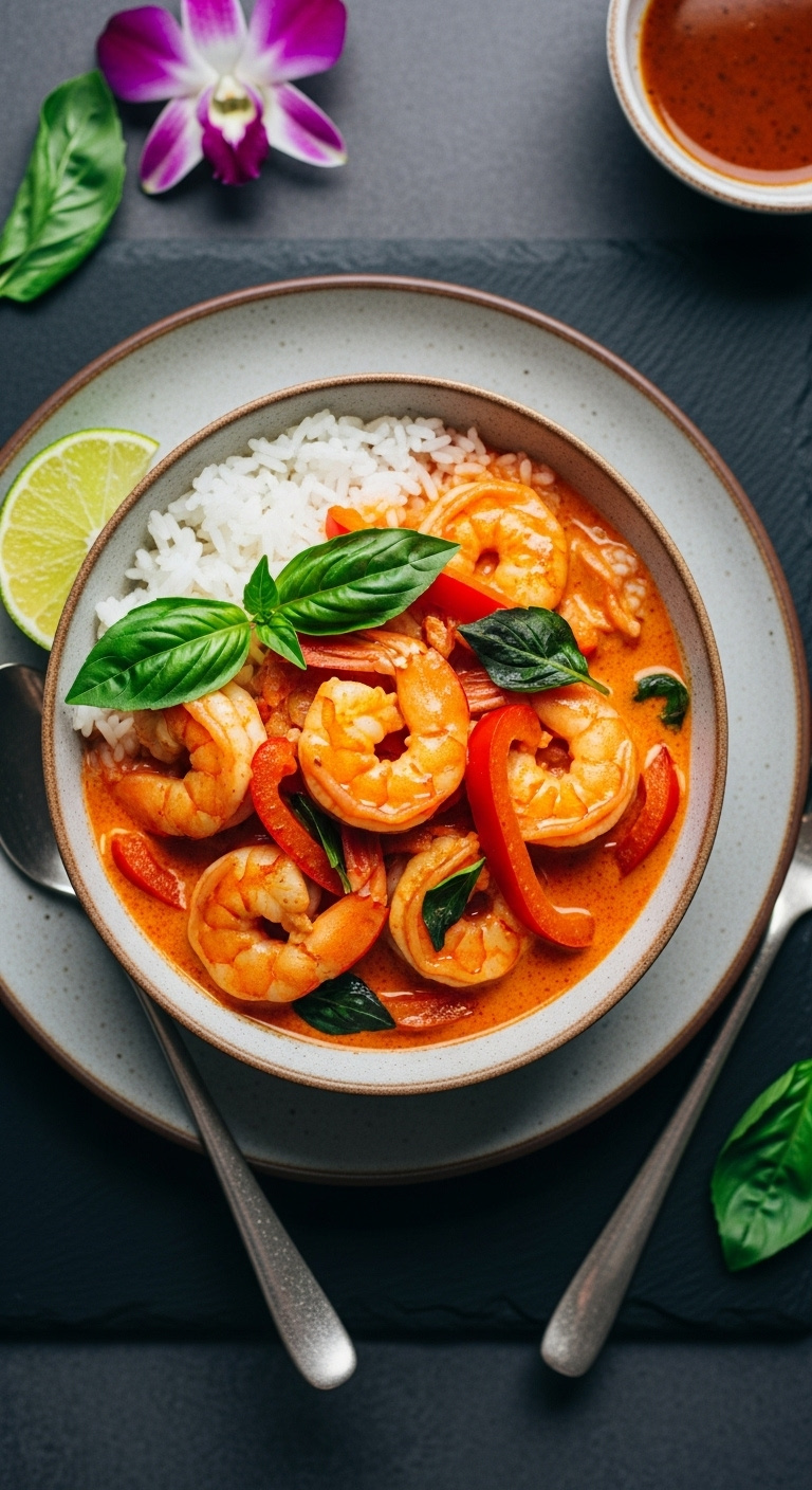 Bowl Of Vibrant Red Thai Coconut Shrimp Curry With Bell Pepper Over White Rice, Garnished With Basil And Lime
