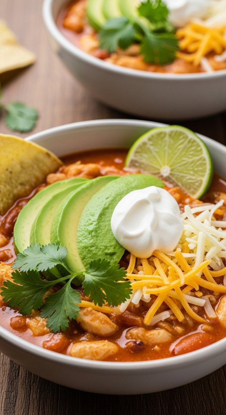 Bowl Of White Chicken Chili Garnished With Avocado, Sour Cream, Cheese, Cilantro, And A Lime Wedge.