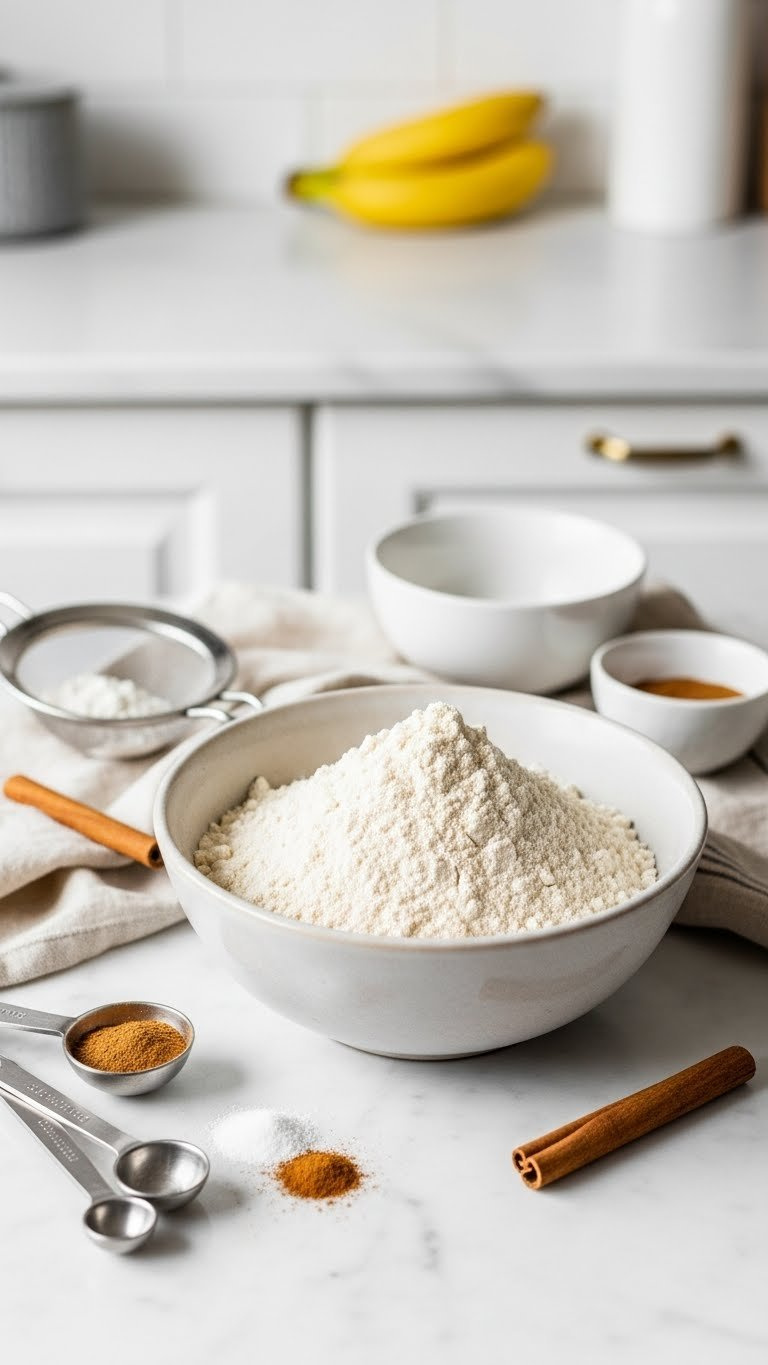 Bowl Of Whole Wheat Flour And Baking Soda Dry Ingredients Ready For Incorporation Into Healthy Banana Bread Batter