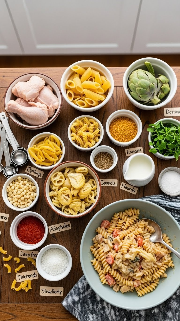 Bowls Of Ingredient Substitutions: Chicken, Pasta, Artichokes, Cornstarch, With A Partially Eaten Creamy Pasta Bowl.