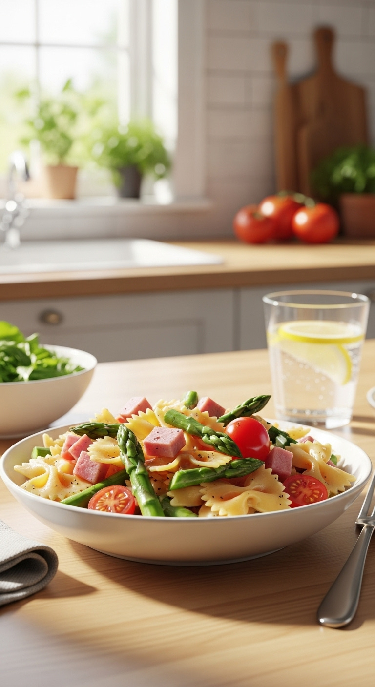 Bowtie Pasta With Asparagus Ham And Cherry Tomatoes In A White Bowl On A Light Wood Table With A Fork And Lemon Water