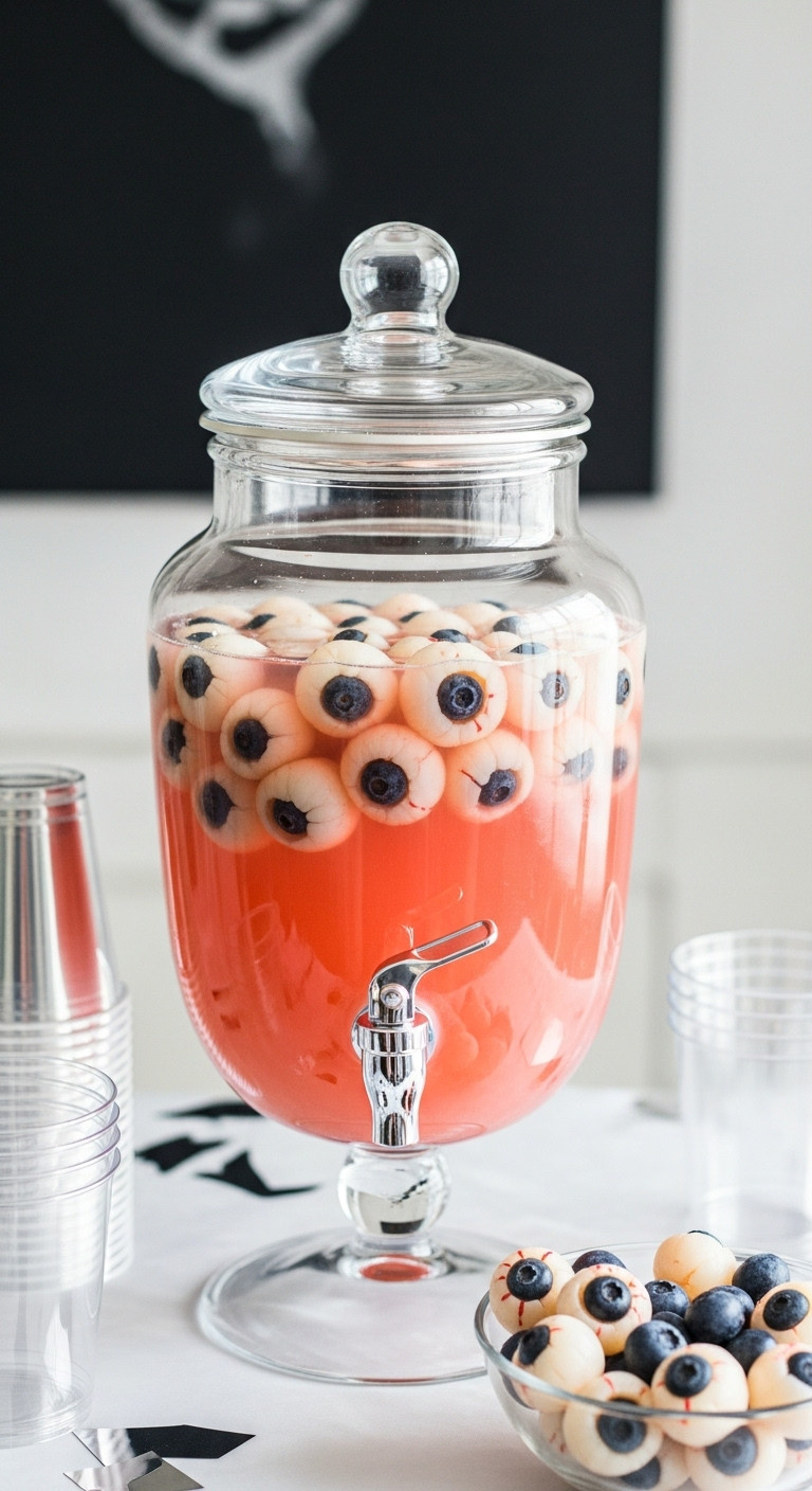 Brain Juice Tequila Punch In A Dispenser With Lychee Blueberry Eyeballs And Clear Party Cups On A Serving Table