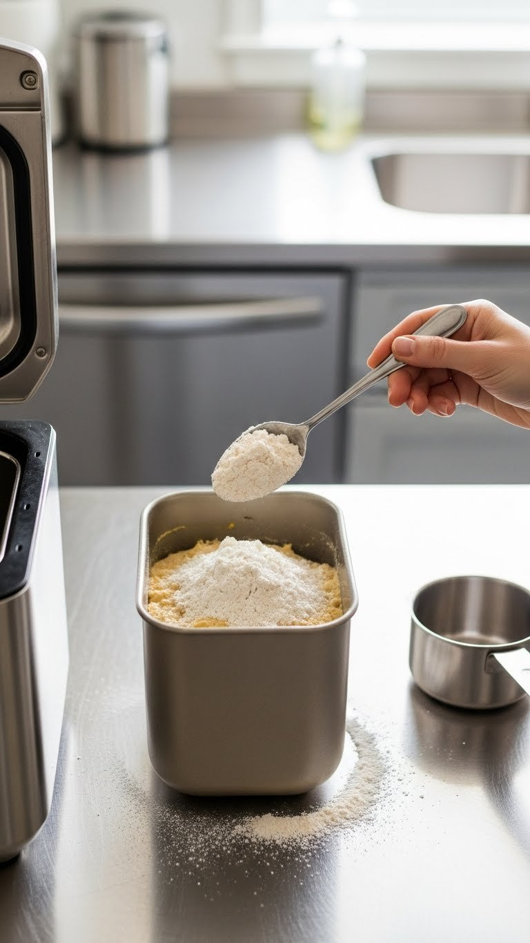 Bread Machine Pan With Wet Ingredients Layered With Dry Flour Mixture Being Added By Spoon
