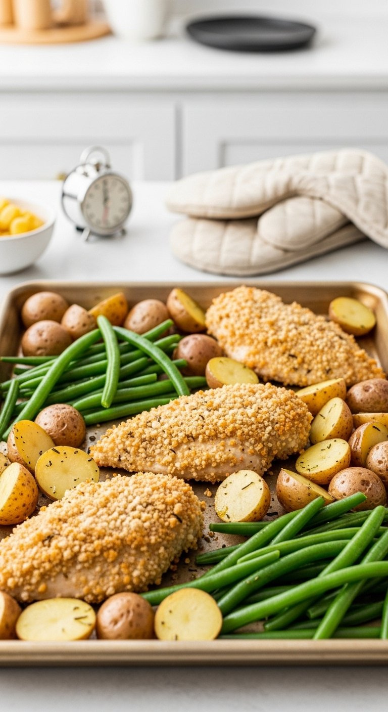 Breaded Parmesan Chicken Potatoes And Green Beans Arranged On A Metal Baking Sheet.