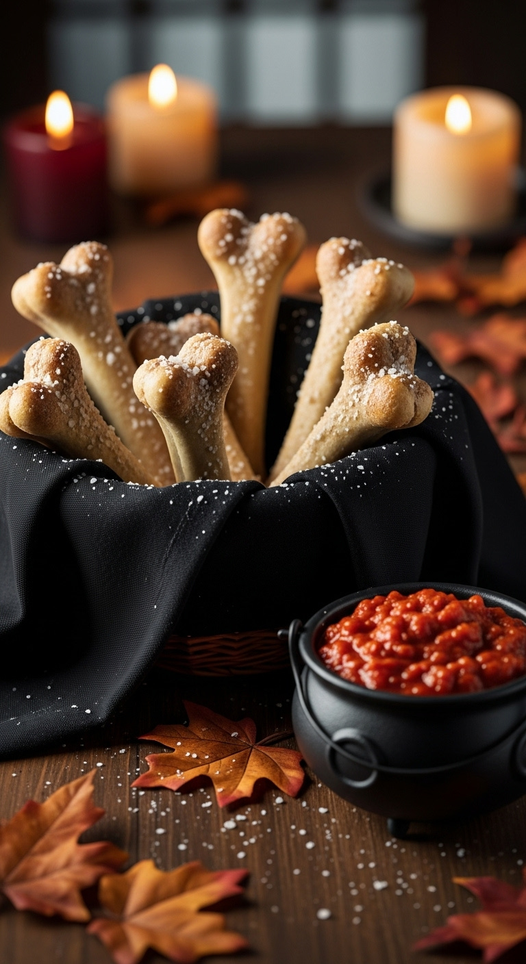 Breadstick Bones In A Basket With Marinara Blood Dip And Autumn Leaves On A Dark Wood Table