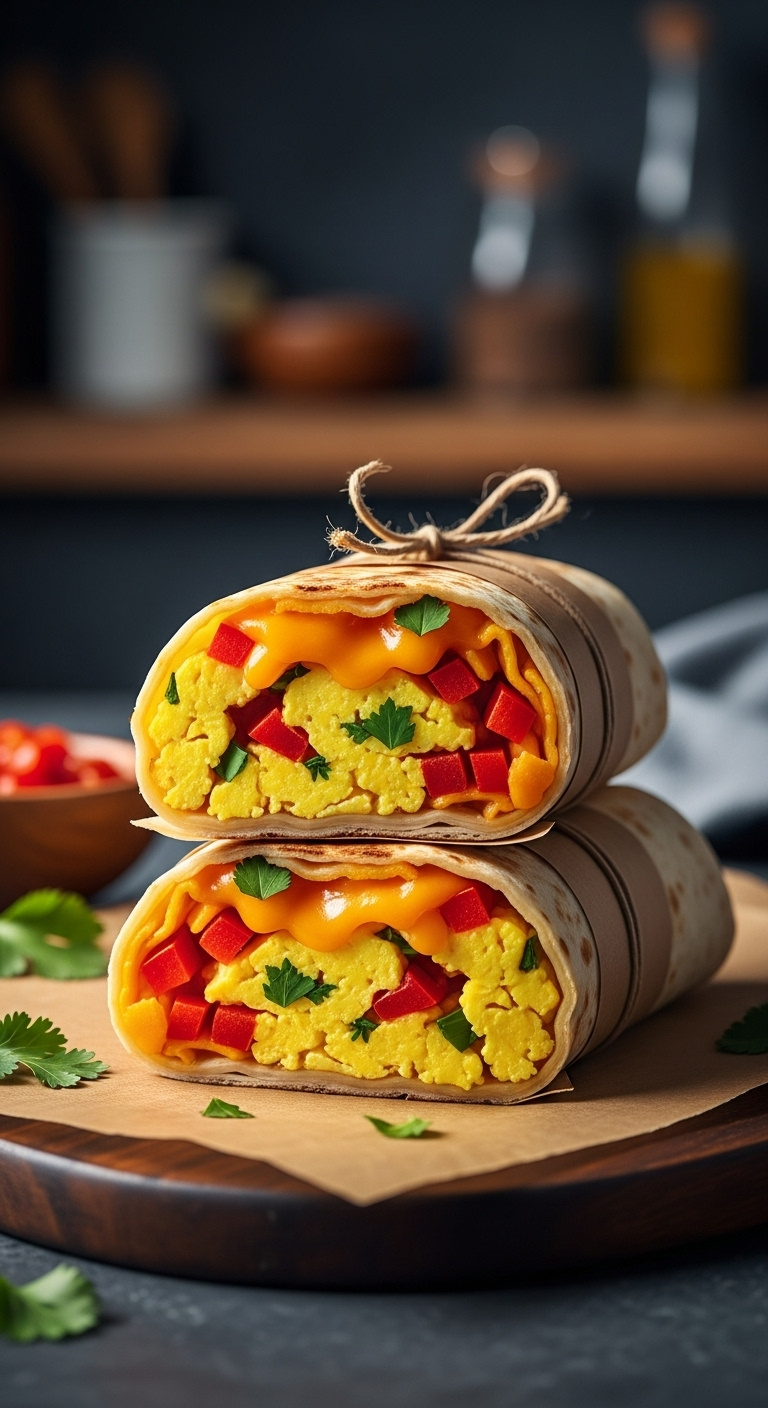 Breakfast Burrito Cut In Half Showing Scrambled Eggs Cheese And Bell Pepper On Parchment Paper With Salsa And Cilantro