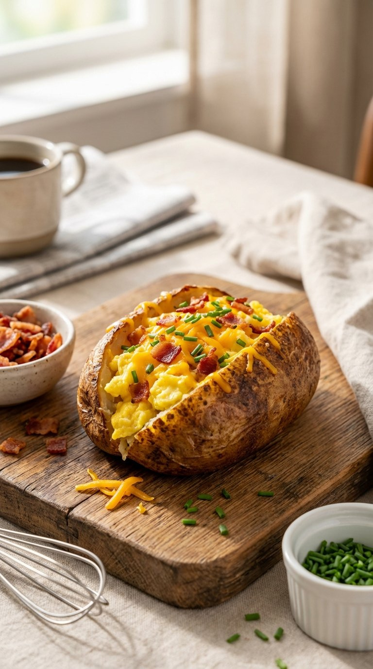 Breakfast-For-Dinner Baked Potato Loaded With Scrambled Eggs, Bacon Bits, Cheddar Cheese, And Chives On Wooden Board