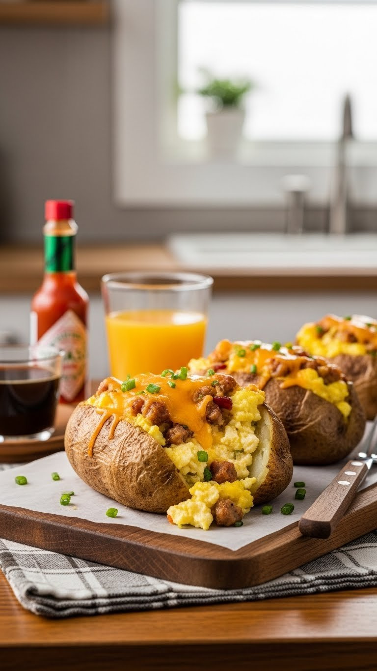 Breakfast For Dinner Twice Baked Potatoes With Scrambled Eggs, Breakfast Sausage, Melted Cheese, And Chives