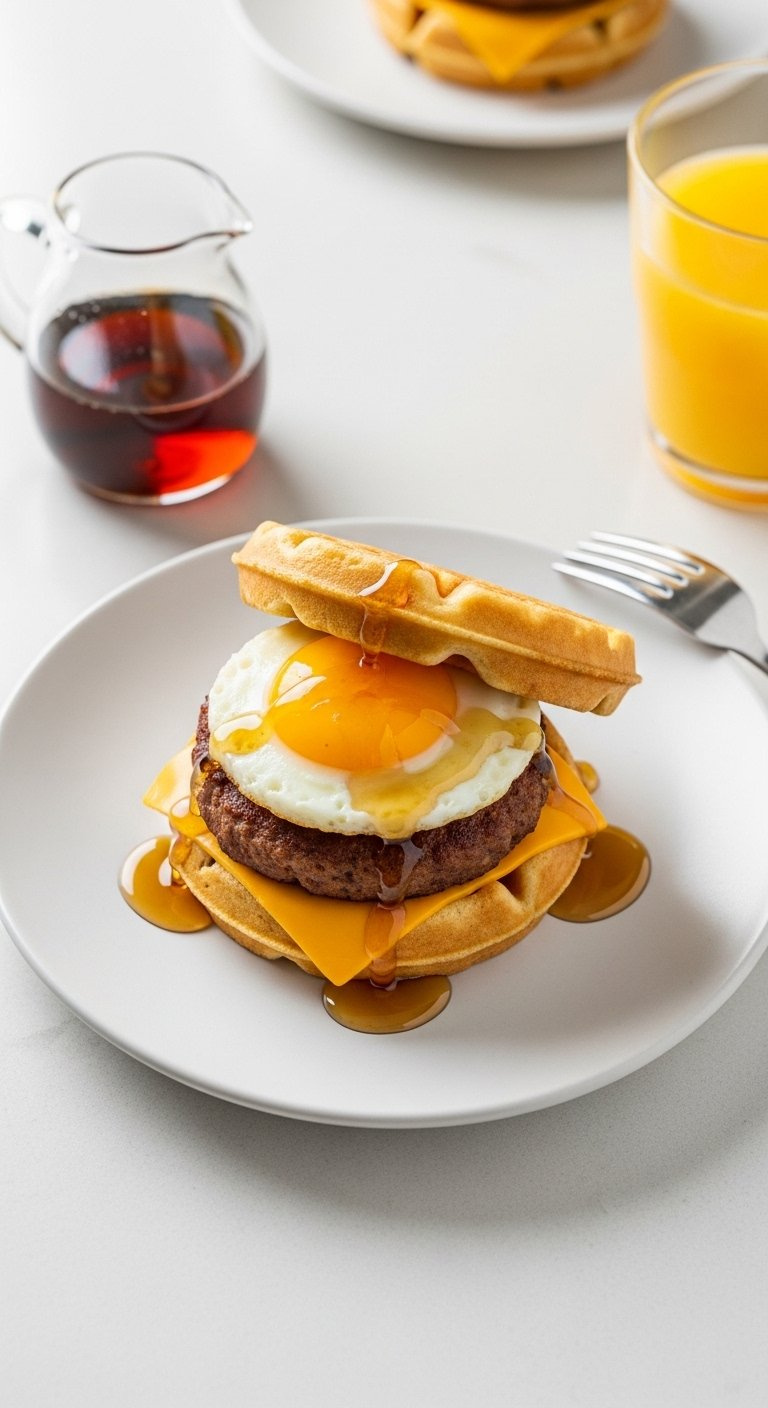 Breakfast Sausage Egg Slider With Melted Cheddar And Maple Syrup On Mini Waffle With Orange Juice.