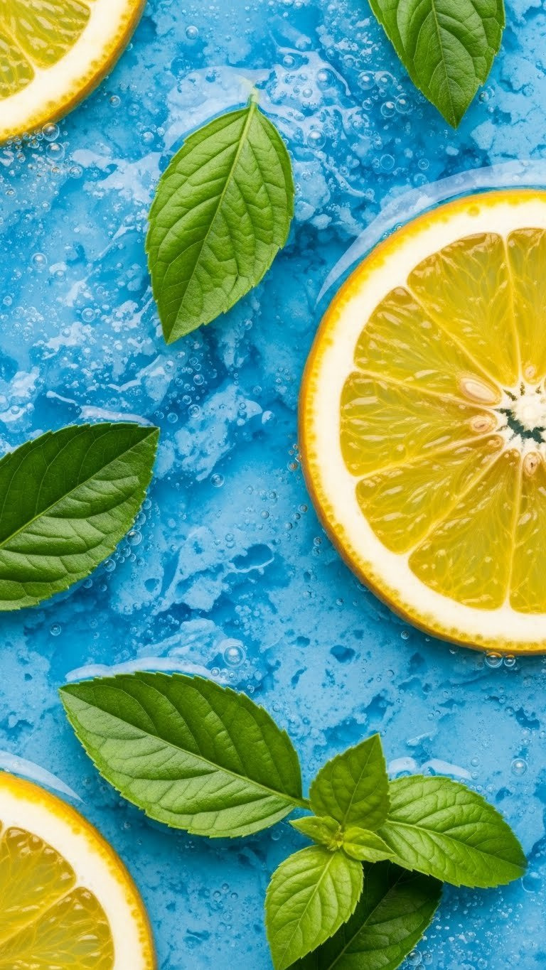 Bright Blue Citrus Splash Mocktail With Sunny Yellow And Fresh Green Accents In Tall Portrait Orientation