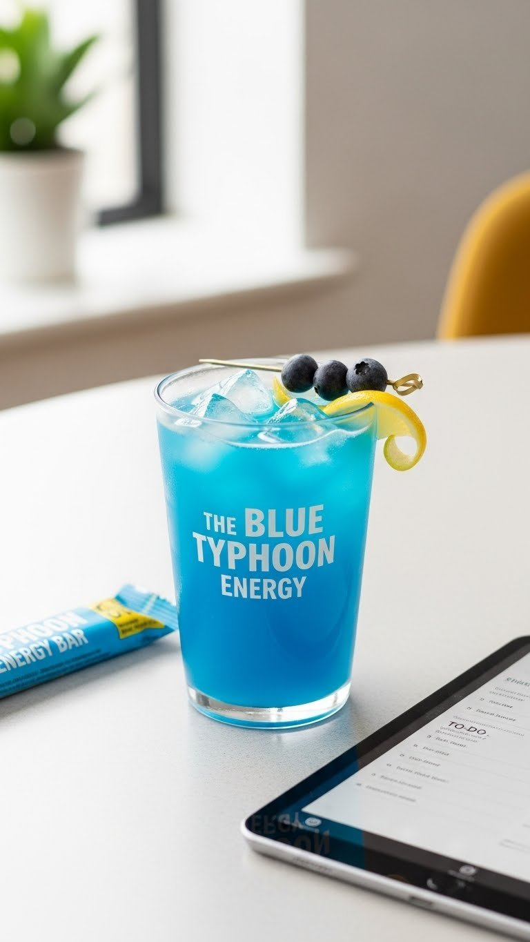 Bright Blue Energy Drink With Blueberries Garnish On Modern Light-Colored Table In Office Setting.