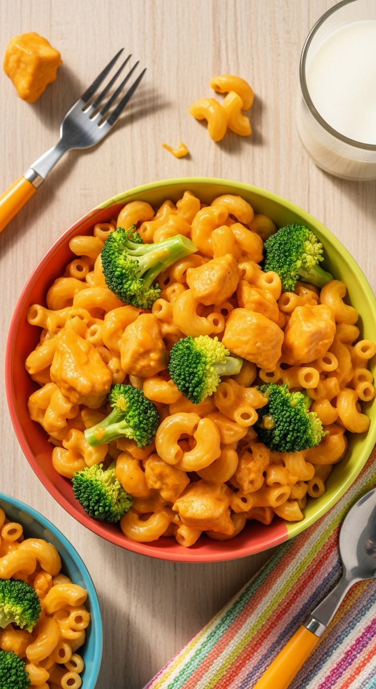 Bright Bowl Of Broccoli Cheddar Chicken Pasta With Elbow Macaroni On A Light Wood Surface With A Childs Fork And Milk